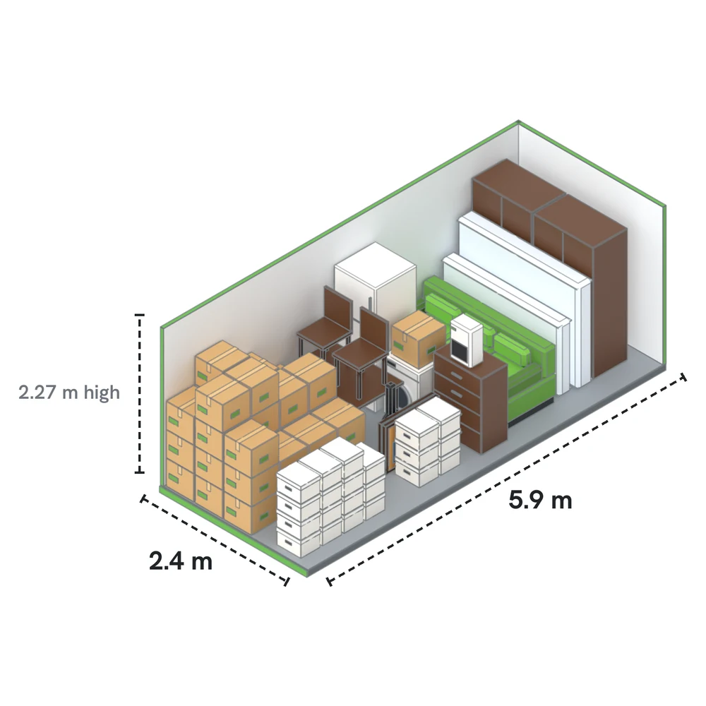 Drive-Up Large — Dehumidified drawn to scale with furniture and boxes inside